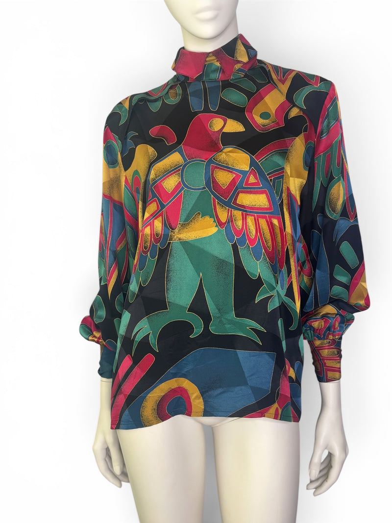 Tropical Modernist | George Gross 100% Silk Geometric Abstract Parrot Blouse