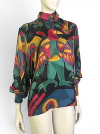 Tropical Modernist | George Gross 100% Silk Geometric Abstract Parrot Blouse