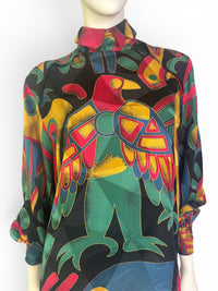 Tropical Modernist | George Gross 100% Silk Geometric Abstract Parrot Blouse