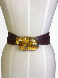 Doreen Ryan 1980s Matte Gold and Rhinestone "Hunting Tiger" Leather Belt