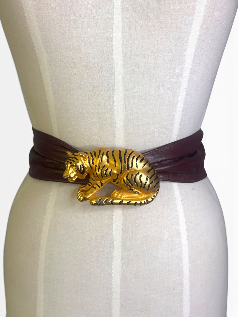 Doreen Ryan 1980s Matte Gold and Rhinestone "Hunting Tiger" Leather Belt