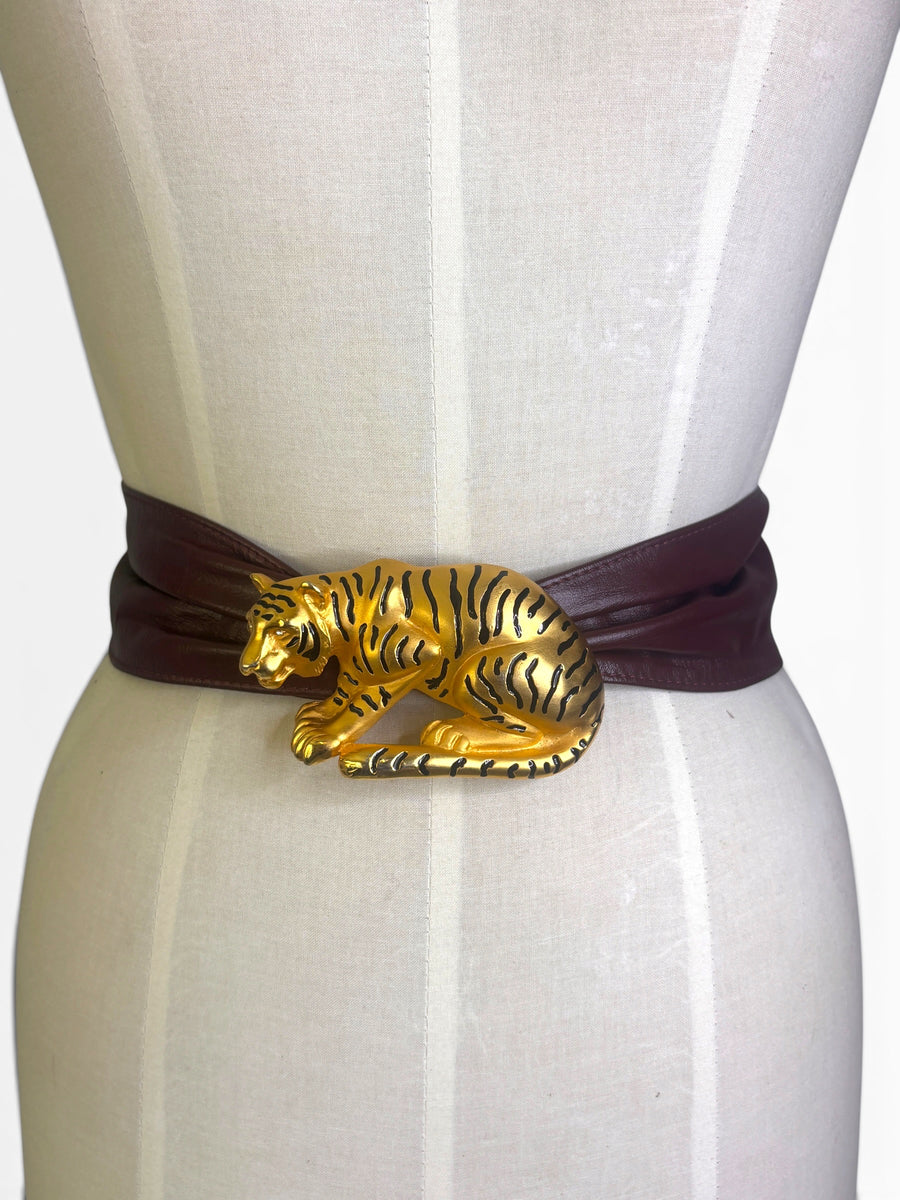 Doreen Ryan 1980s Matte Gold and Rhinestone "Hunting Tiger" Leather Belt
