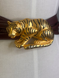 Doreen Ryan 1980s Matte Gold and Rhinestone "Hunting Tiger" Leather Belt