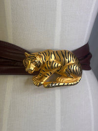Doreen Ryan 1980s Matte Gold and Rhinestone "Hunting Tiger" Leather Belt