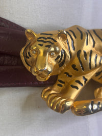 Doreen Ryan 1980s Matte Gold and Rhinestone "Hunting Tiger" Leather Belt