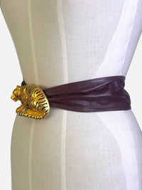 Doreen Ryan 1980s Matte Gold and Rhinestone "Hunting Tiger" Leather Belt