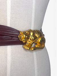 Doreen Ryan 1980s Matte Gold and Rhinestone "Hunting Tiger" Leather Belt