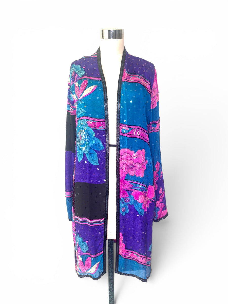 Vintage Judith Ann Creations Silk Sequin Floral Duster Jacket