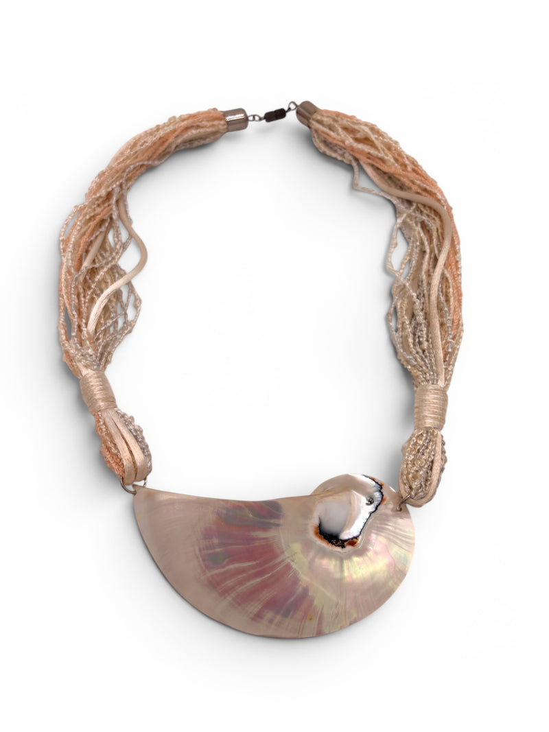 Vintage Carved Mother-of-Pearl Nautilus Necklace on Silk Cords