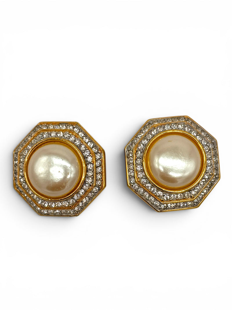 Vintage St. John Faux Pearl & Rhinestone Halo Clip Runway Statement Earrings