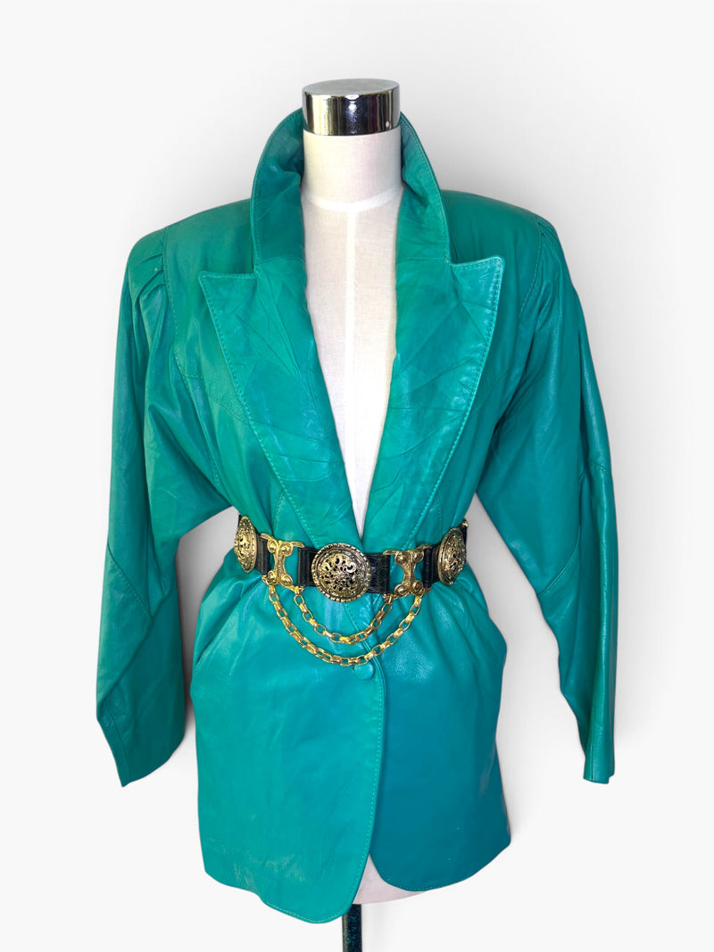 Vintage 1980s Teal Statement Leather Jacket | Confecciones Victoria