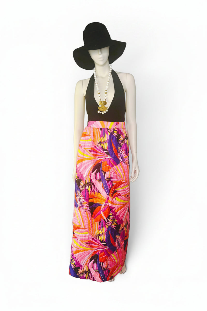 Vintage 1970s Dynasty for I. Magnin Quilted Tropical Maxi Skirt