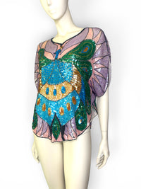 Vintage 1970s Peacock Sequin Top by Star Group | Hand-Beaded Statement Blouse