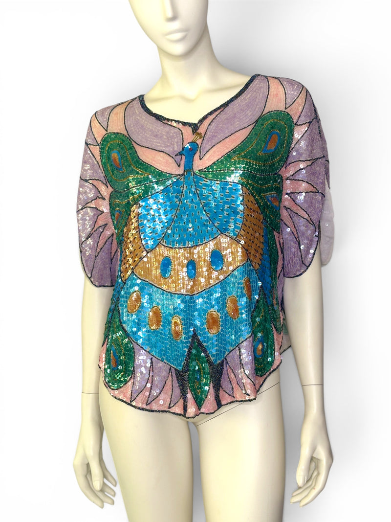 Vintage 1970s Peacock Sequin Top by Star Group | Hand-Beaded Statement Blouse