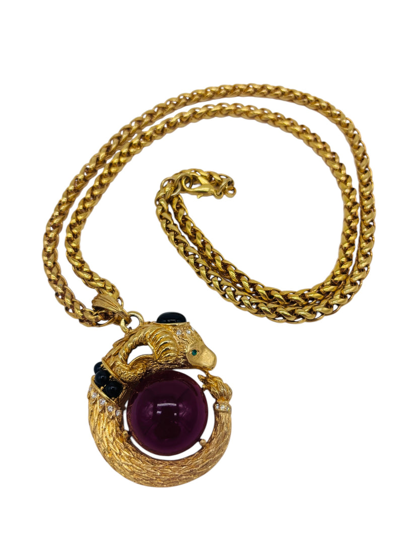 Rare 70's GEM CRAFT Gold-Tone Ram's Head Cabochon and Rhinestone Necklace