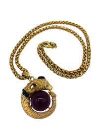 Rare 70's GEM CRAFT Gold-Tone Ram's Head Cabochon and Rhinestone Necklace