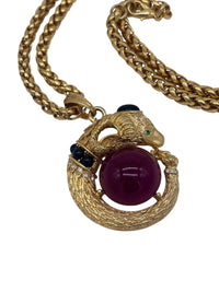 Rare 70's GEM CRAFT Gold-Tone Ram's Head Cabochon and Rhinestone Necklace