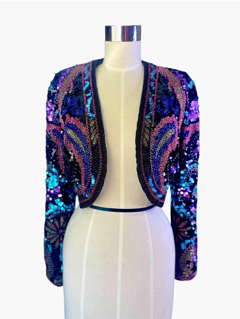 Vintage Lillie Rubin Black Silk Beaded Sequin Bolero Jacket – Circa 1990