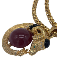 Rare 70's GEM CRAFT Gold-Tone Ram's Head Cabochon and Rhinestone Necklace