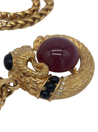 Rare 70's GEM CRAFT Gold-Tone Ram's Head Cabochon and Rhinestone Necklace