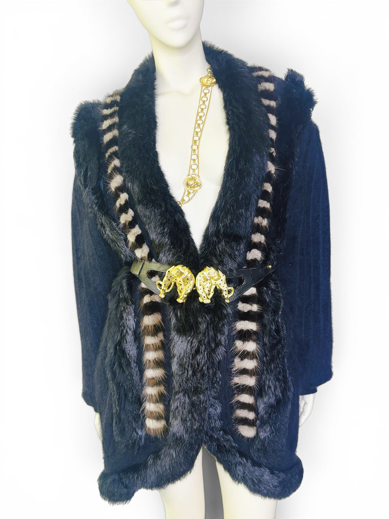Vintage Amber Dawn Angora Sweater with Striped Fur Panels | Dramatic 1980s Editorial Knit