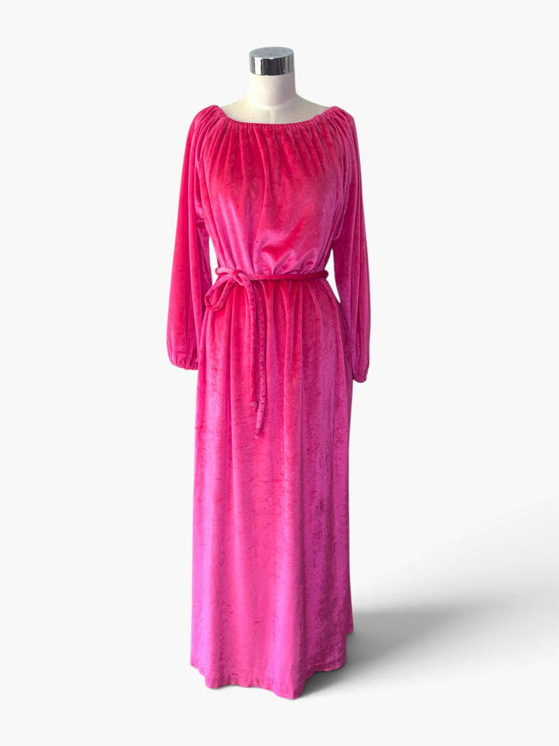 Electric Hour: Vintage Electric Coral Velour Maxi Lounge Dress with Matching Belt