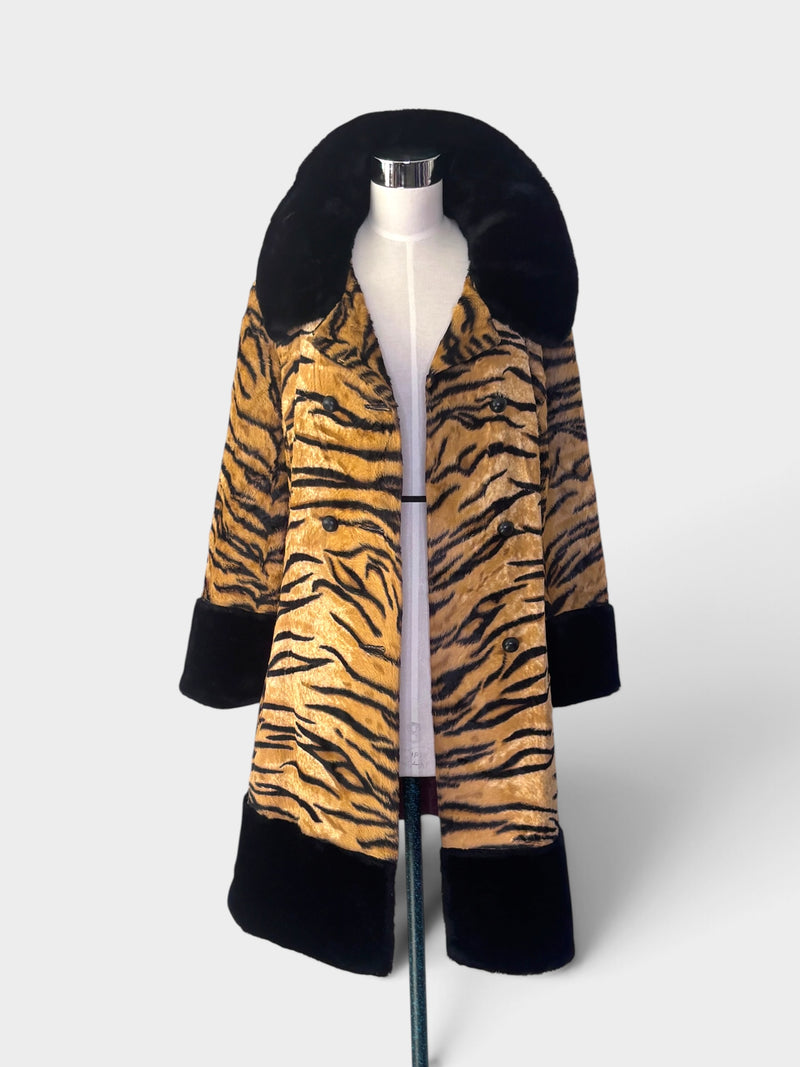 1970s Vintage Tiger Print Faux Fur Statement Coat with Black Plush Trim