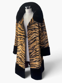 1970s Vintage Tiger Print Faux Fur Statement Coat with Black Plush Trim