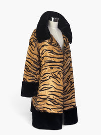 1970s Vintage Tiger Print Faux Fur Statement Coat with Black Plush Trim