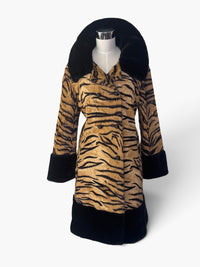 1970s Vintage Tiger Print Faux Fur Statement Coat with Black Plush Trim