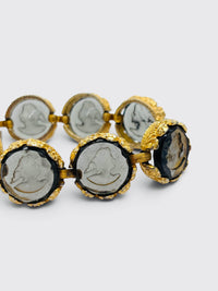 Vintage Glass Intaglio Portrait Bracelet in Topaz Glass and Gold Tone