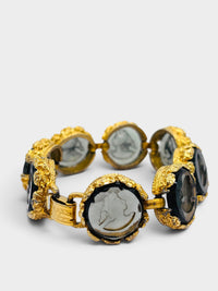 Vintage Glass Intaglio Portrait Bracelet in Topaz Glass and Gold Tone