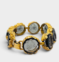 Vintage Glass Intaglio Portrait Bracelet in Topaz Glass and Gold Tone