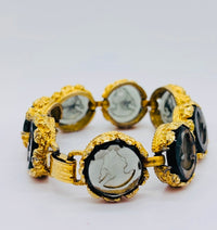 Vintage Glass Intaglio Portrait Bracelet in Topaz Glass and Gold Tone