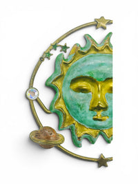 Vintage Celestial Sun & Planet Brooch | Mixed Media Cosmic Pin