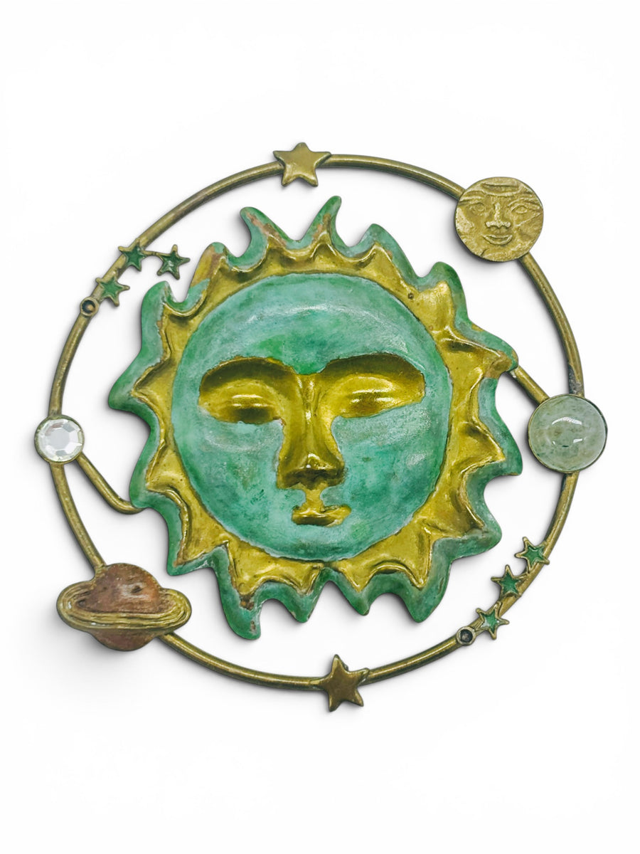 Vintage Celestial Sun & Planet Brooch | Mixed Media Cosmic Pin