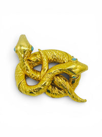 Vintage Intertwined Double Snake Brooch with Turquoise Eyes | Gold-Tone Statement Pin | 1970s–1980s
