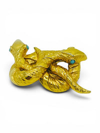 Vintage Intertwined Double Snake Brooch with Turquoise Eyes | Gold-Tone Statement Pin | 1970s–1980s