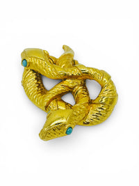 Vintage Intertwined Double Snake Brooch with Turquoise Eyes | Gold-Tone Statement Pin | 1970s–1980s