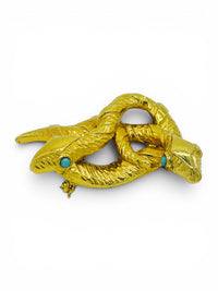 Vintage Intertwined Double Snake Brooch with Turquoise Eyes | Gold-Tone Statement Pin | 1970s–1980s