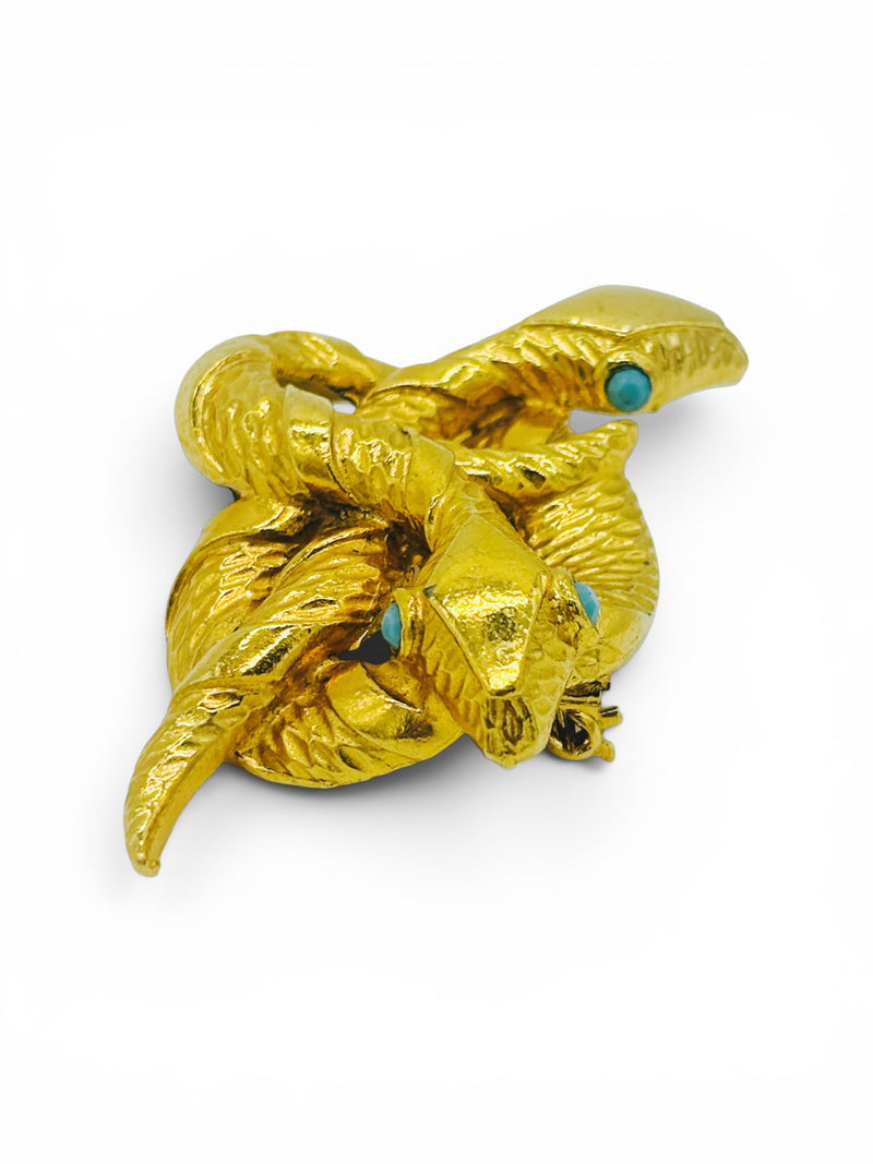 Vintage Intertwined Double Snake Brooch with Turquoise Eyes | Gold-Tone Statement Pin | 1970s–1980s