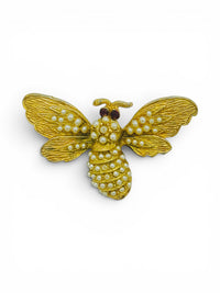 Vintage Gold-Tone Bee Brooch | Faux Seed Pearl Cabochons &amp; Red Rhinestone Eyes