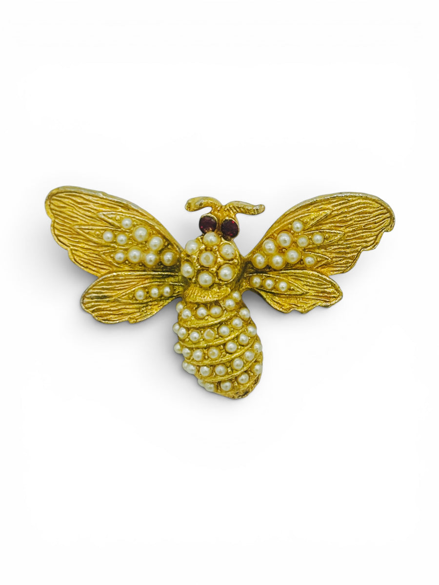 Vintage Gold-Tone Bee Brooch | Faux Seed Pearl Cabochons &amp; Red Rhinestone Eyes