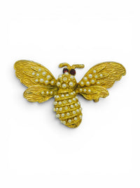 Vintage Gold-Tone Bee Brooch | Faux Seed Pearl Cabochons &amp; Red Rhinestone Eyes