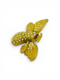 Vintage Gold-Tone Bee Brooch | Faux Seed Pearl Cabochons &amp; Red Rhinestone Eyes