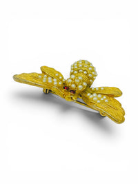 Vintage Gold-Tone Bee Brooch | Faux Seed Pearl Cabochons &amp; Red Rhinestone Eyes