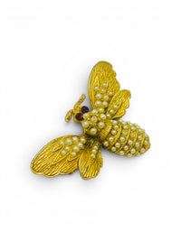 Vintage Gold-Tone Bee Brooch | Faux Seed Pearl Cabochons &amp; Red Rhinestone Eyes