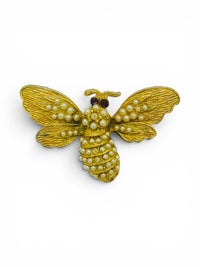 Vintage Gold-Tone Bee Brooch | Faux Seed Pearl Cabochons &amp; Red Rhinestone Eyes