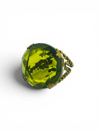 Bold Vintage Olive Green Faceted Glass Cocktail Ring | Adjustable Twisted Brass Statement Ring