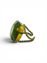 Bold Vintage Olive Green Faceted Glass Cocktail Ring | Adjustable Twisted Brass Statement Ring